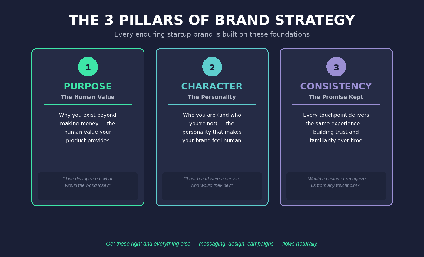 The 3 pillars of startup brand strategy infographic - purpose, character, and consistency